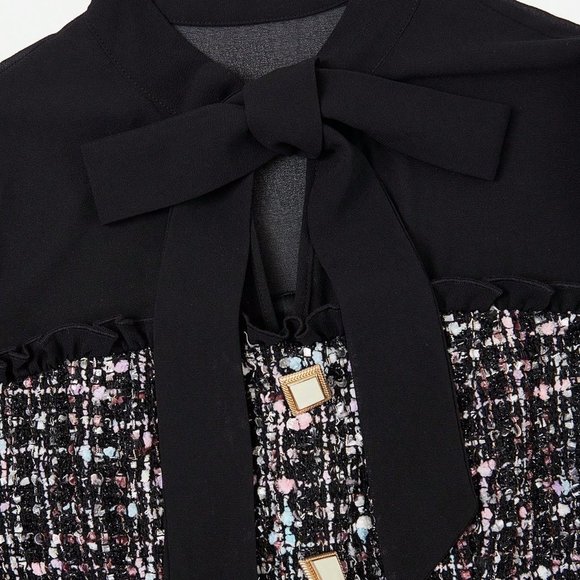 Black Casual Womens Plaid Pattern Tie Neck Button Front Tweed Dress - Picture 4 of 5